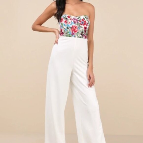 Lulus Pants - Lulus White Floral Embroidered Strapless Jumpsuit